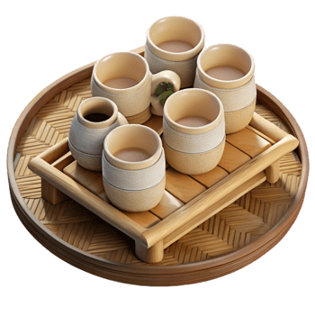 serene classic Bamboo Tray with Tea Cups and Saucer Set Cutout high resolution png