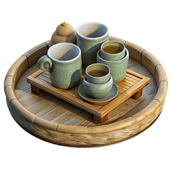 wonderful minimalist Bamboo Tray with Tea Cups and Saucer Set Cutout detailed png