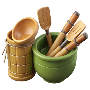 elegant artistic Bamboo Utensils Set Angled View Cutout authentic png