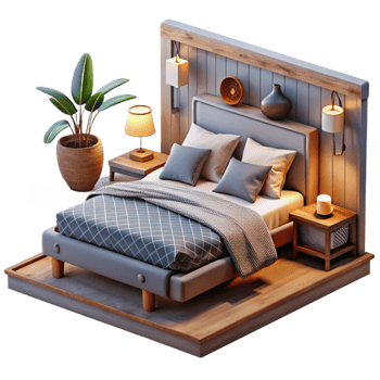 vibrant artistic Bedroom Interior with Double Bed high resolution png