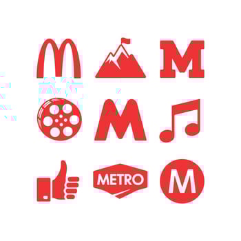 Collection of red icons and logos with the letter M in different styles and forms vector