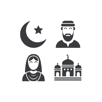 Islamic symbols Crescent moon, star, mosque, man and woman representing the muslim culture vector
