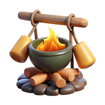 dramatic minimalist Campfire with Cooking Utensils Hanging Over Flames Cutout original png