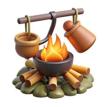 serene traditional Campfire with Cooking Utensils Hanging Over Flames Cutout professional png