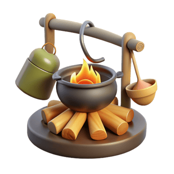 vibrant contemporary Campfire with Cooking Utensils Hanging Over Flames Cutout png