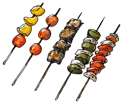 Colorful skewers of various grilled ingredients are on display png