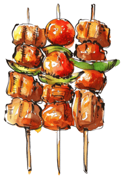 Watercolor Illustration of Grilled Food Skewers on Wooden Sticks png