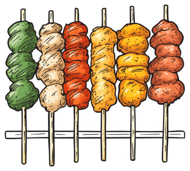 Six skewers each holding a variety of cooked food items png