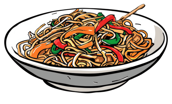 A Bowl of Noodles with Vegetables and Chopsticks Above it png