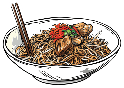 A bowl of noodles with chopsticks and tasty toppings included png