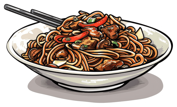 A detailed illustration of delicious noodles with various toppings inside a bowl png