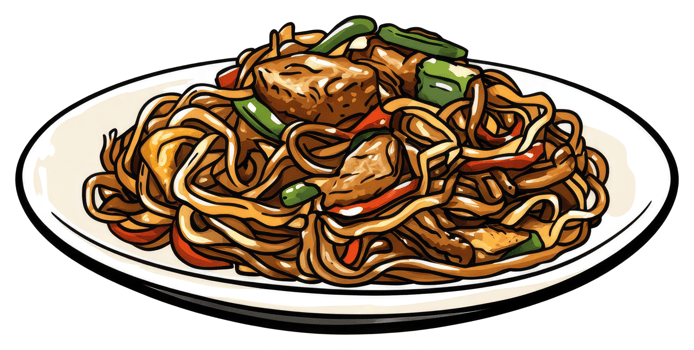 Delicious noodles with vegetables and meat served on a plate png