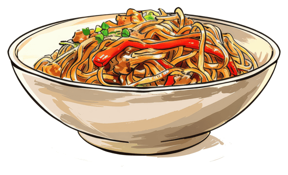 A drawing showcasing noodles with vegetables in a ceramic bowl png