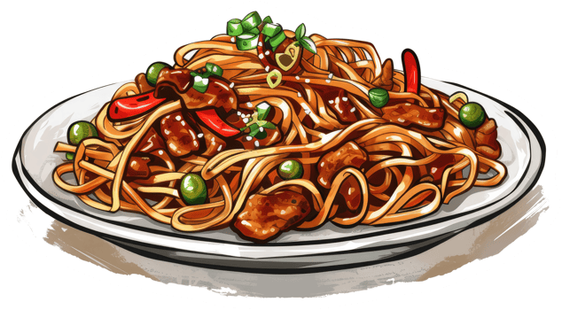 Delicious Noodles Served With Vegetables and Sizzling Meat png