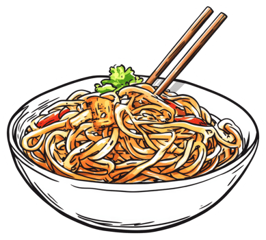 Illustration shows a bowl filled with noodles and wooden chopsticks png