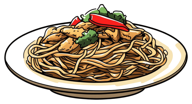 A Plate of Noodles with Chicken and Vegetables Ready to Eat png
