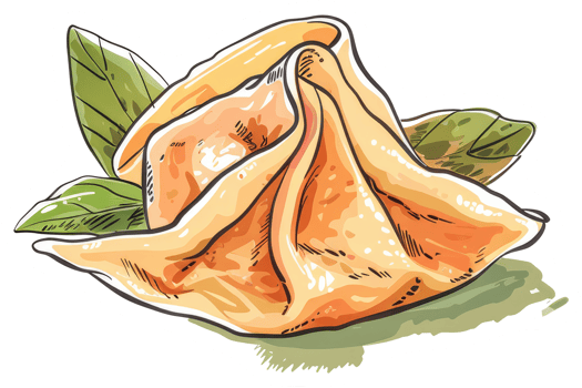 A stylized illustration of a dumpling with leafy green accents png
