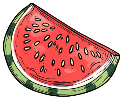 A cartoon illustration depicting a watermelon fruit slice with seeds png