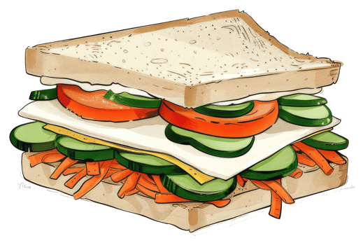 A large illustration depicting a layered sandwich with fresh vegetables png