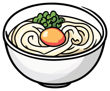 A bowl of noodles with an egg and green garnish png