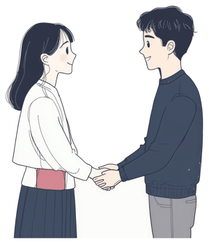 Two smiling people holding hands facing each other gently png