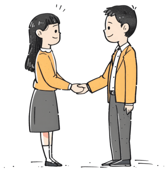 Two individuals smiling while shaking hands in greeting png