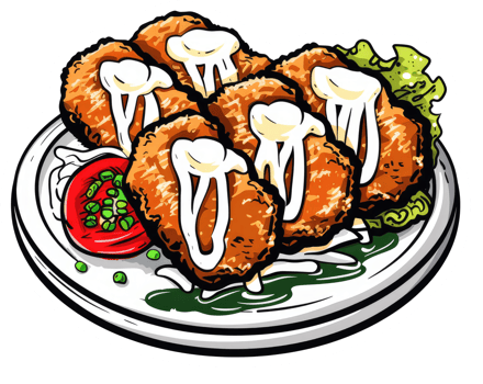 A plate of fried food with sauce and vegetables on it png