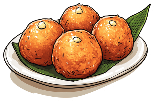 Four golden fried food balls on a white plate display png