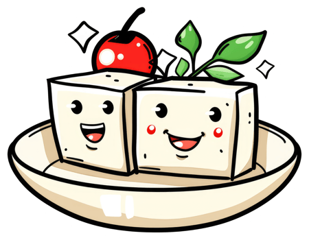 Two smiling cartoon tofu cubes with cherry and leaves png