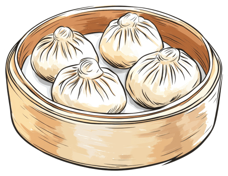 Four delicious dumplings steaming inside of a bamboo container png