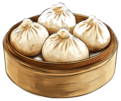 Four steamed dumplings arranged inside a bamboo steamer basket png