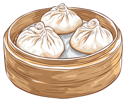 Delicious steamed dumplings presented in a traditional bamboo steamer container png