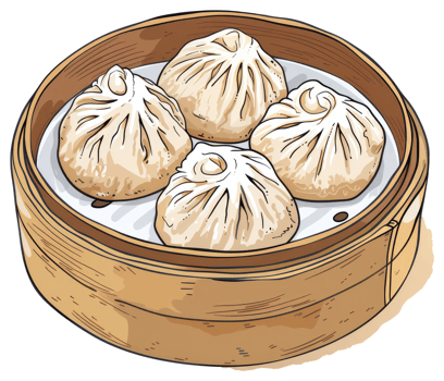 Four tasty steamed dumplings inside of a round bamboo steamer png
