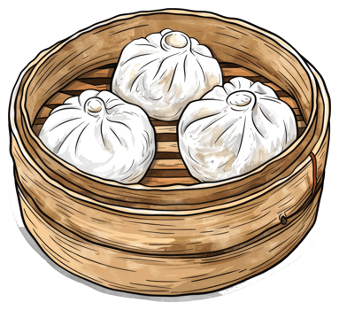 A bamboo steamer filled with three delicious steamed dumplings png
