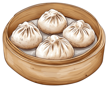 Steaming basket with four delicious looking dumpling style appetizers png