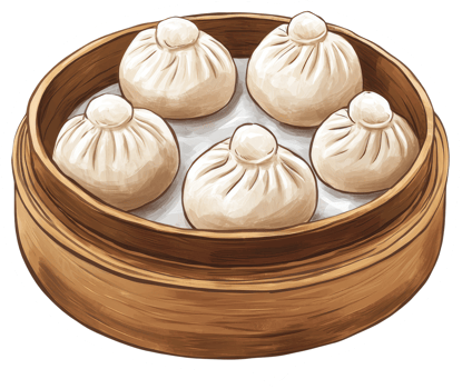 Steaming bamboo basket filled with many delicious baozi dumplings png