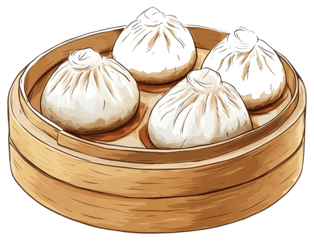 Four steamed dumplings presented in a bamboo steamer container png