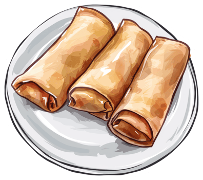 Three golden brown spring rolls are plated neatly together png