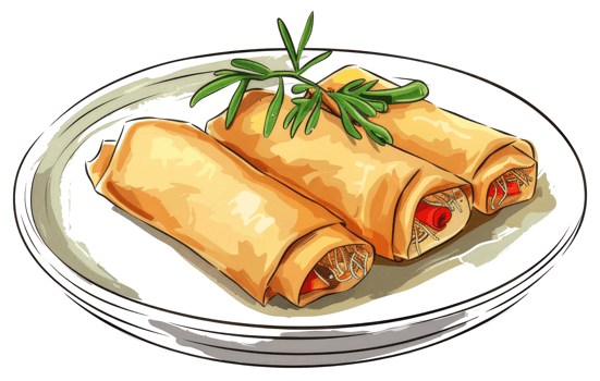 Three spring rolls on a white plate with greenery png