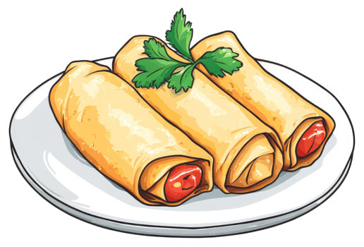 Three golden fried spring rolls garnished with fresh green herbs png