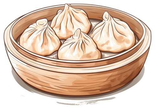 Four steamed dumplings are in a bamboo steamer basket png