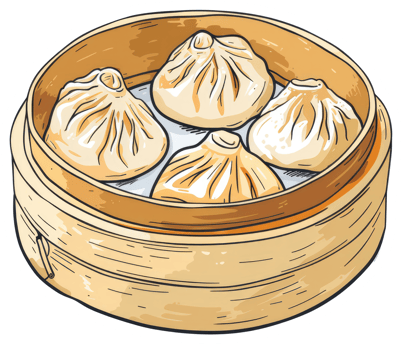 Four savory steamed dumplings sitting inside a bamboo steamer basket png