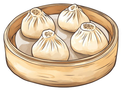 Four steamed dumpling buns inside a traditional wooden bamboo steamer png