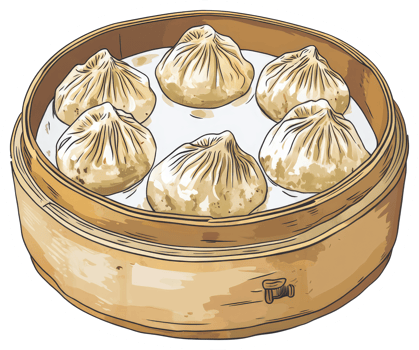 A steamed bamboo basket containing six delicious dumpling delicacies png