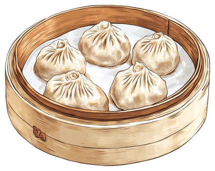 Steamed dumplings resting on a bamboo basket with white liner png