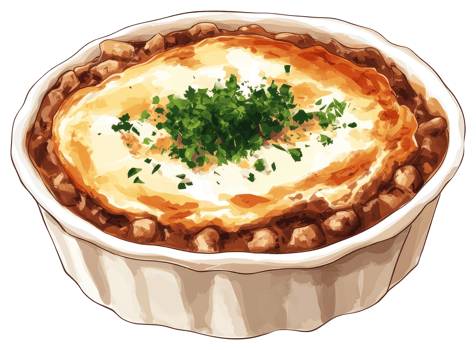 Delicious baked dish of mashed potatoes and savory meat png