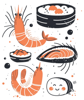Several stylized illustrations of seafood delicacies display a graphic design png