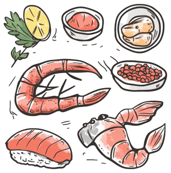Delicious artistic illustration of various seafood ingredients and preparations png