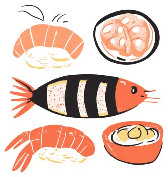 Colorful illustrations featuring various types of seafood and sushi png
