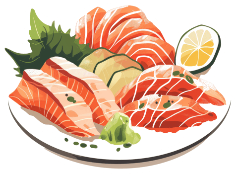 Illustration of artistic sashimi with wasabi and citrus garnish png